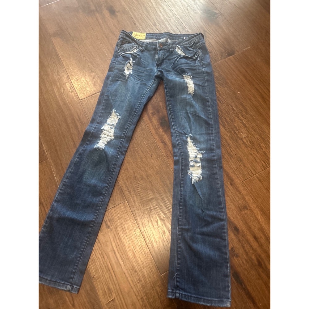 Machine Nouvelle Mode Distressed Straight Leg Jeans Dark Wash Blue Size 30